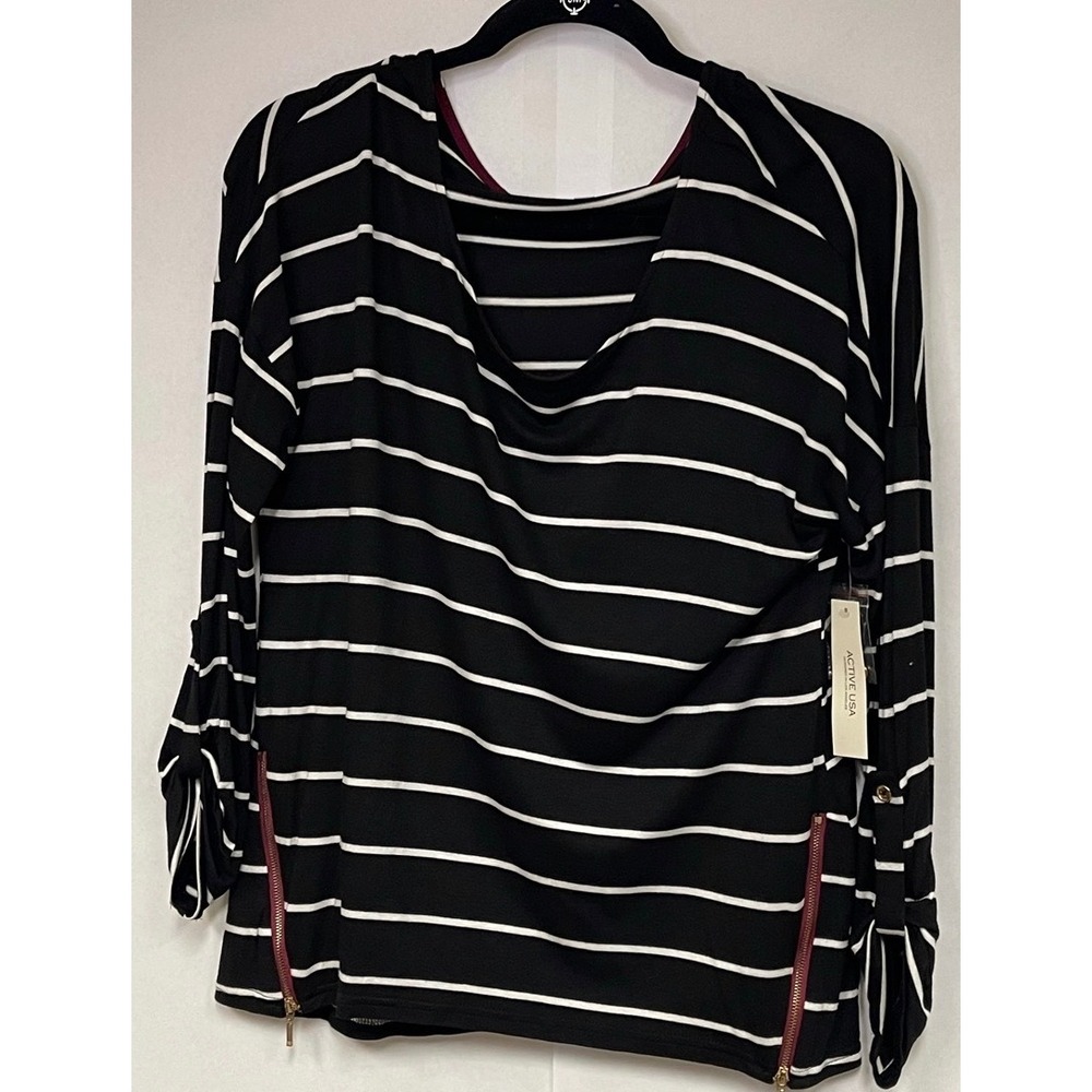 ACTIVE USA Striped Top‎ Women Large Black White Side Zip Button Tab Sleeve NWT
